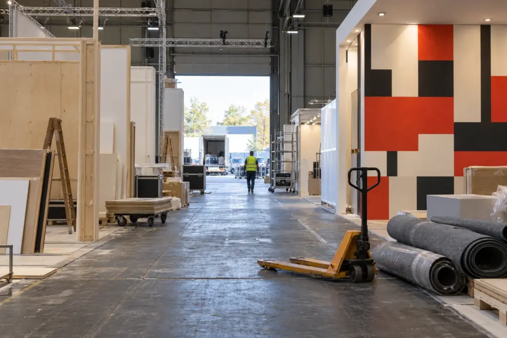 An exhibition hall during build-up, with half-built stands, rolled carpet, a pallet truck and an open loading door