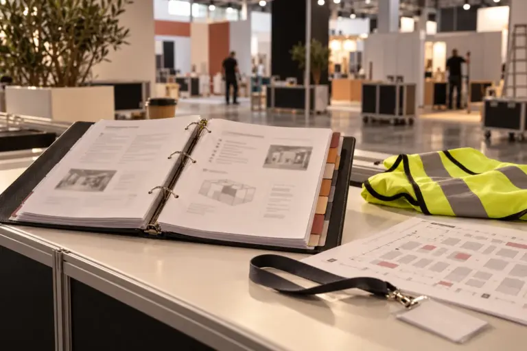 Ring-bound exhibitor manual with index tabs, hi-vis vest and hall plan on a stand counter