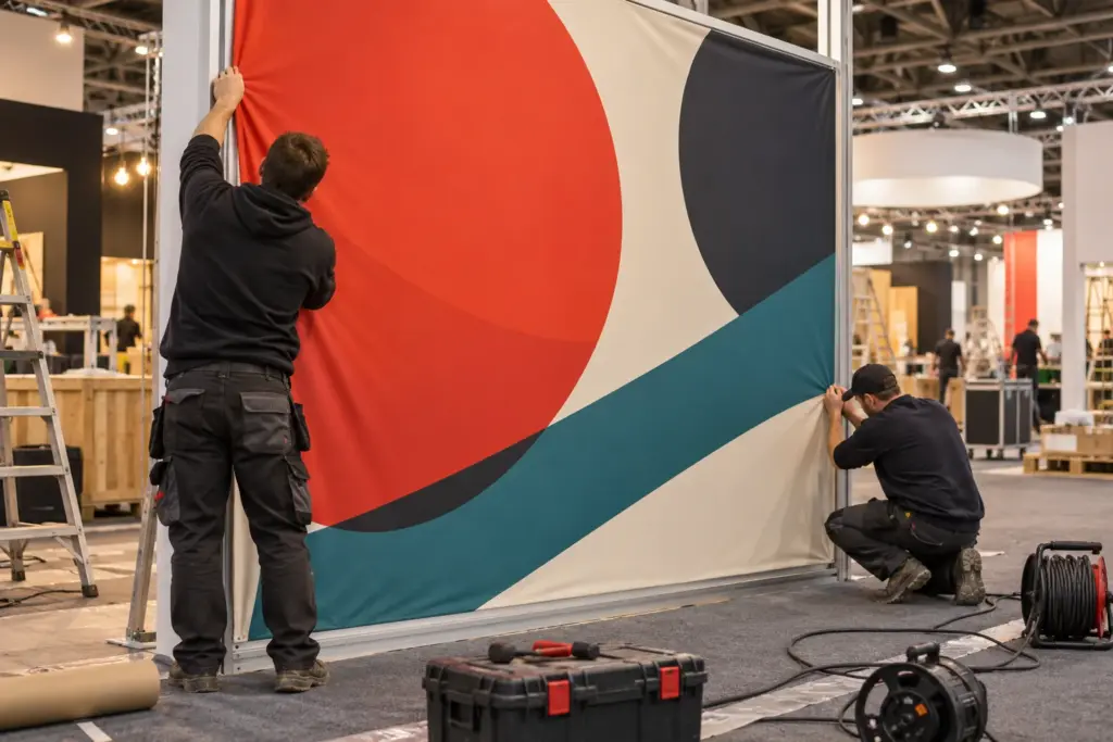 Two stand builders fitting a printed fabric graphic of abstract circles into an exhibition stand frame during build-up