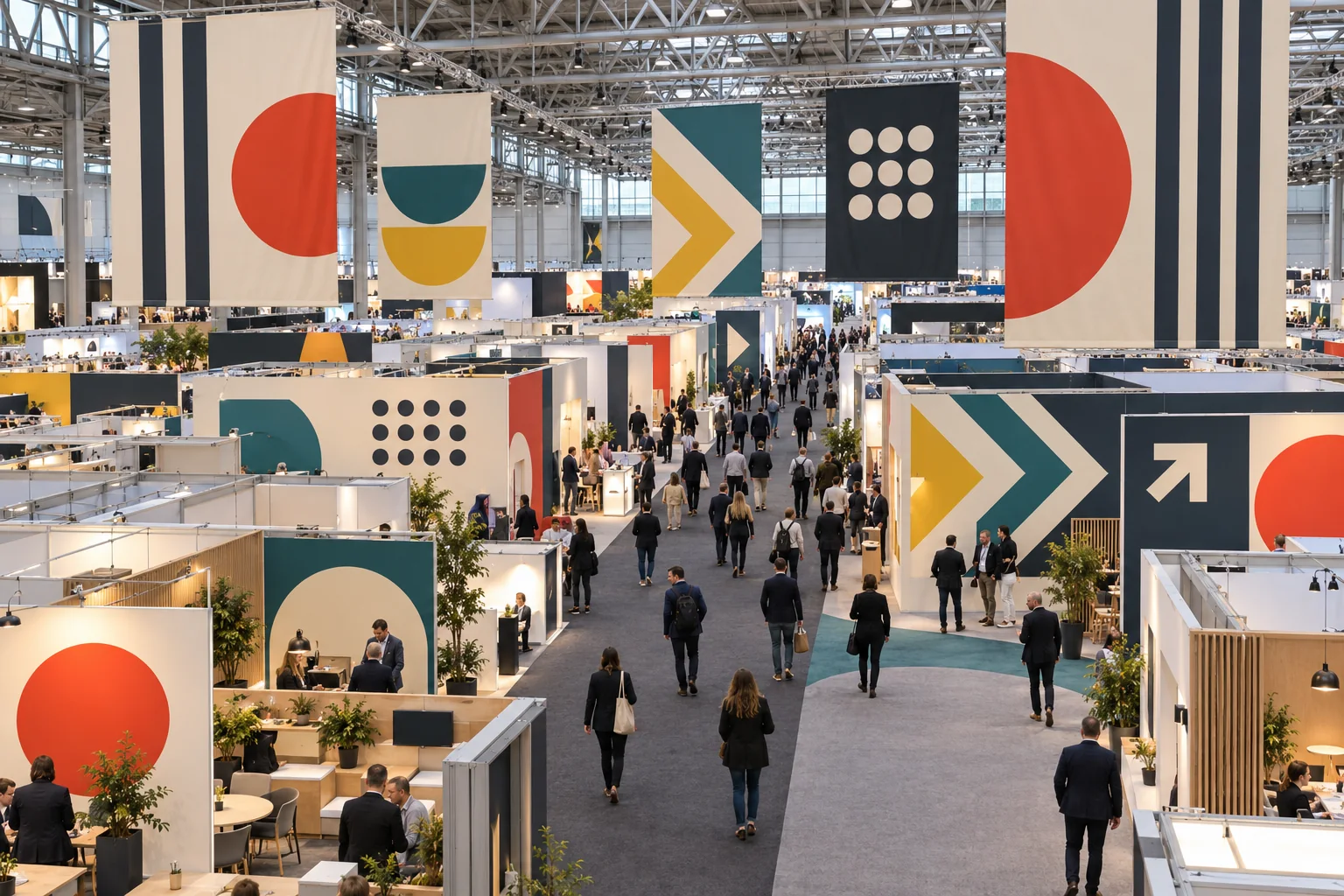 A busy UK trade show hall seen from a balcony, with rows of stands and hanging banners printed with abstract circles, stripes and chevrons