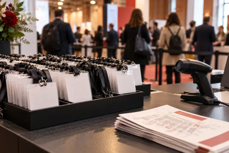 Blank badge holders and lanyards on a trade show registration desk