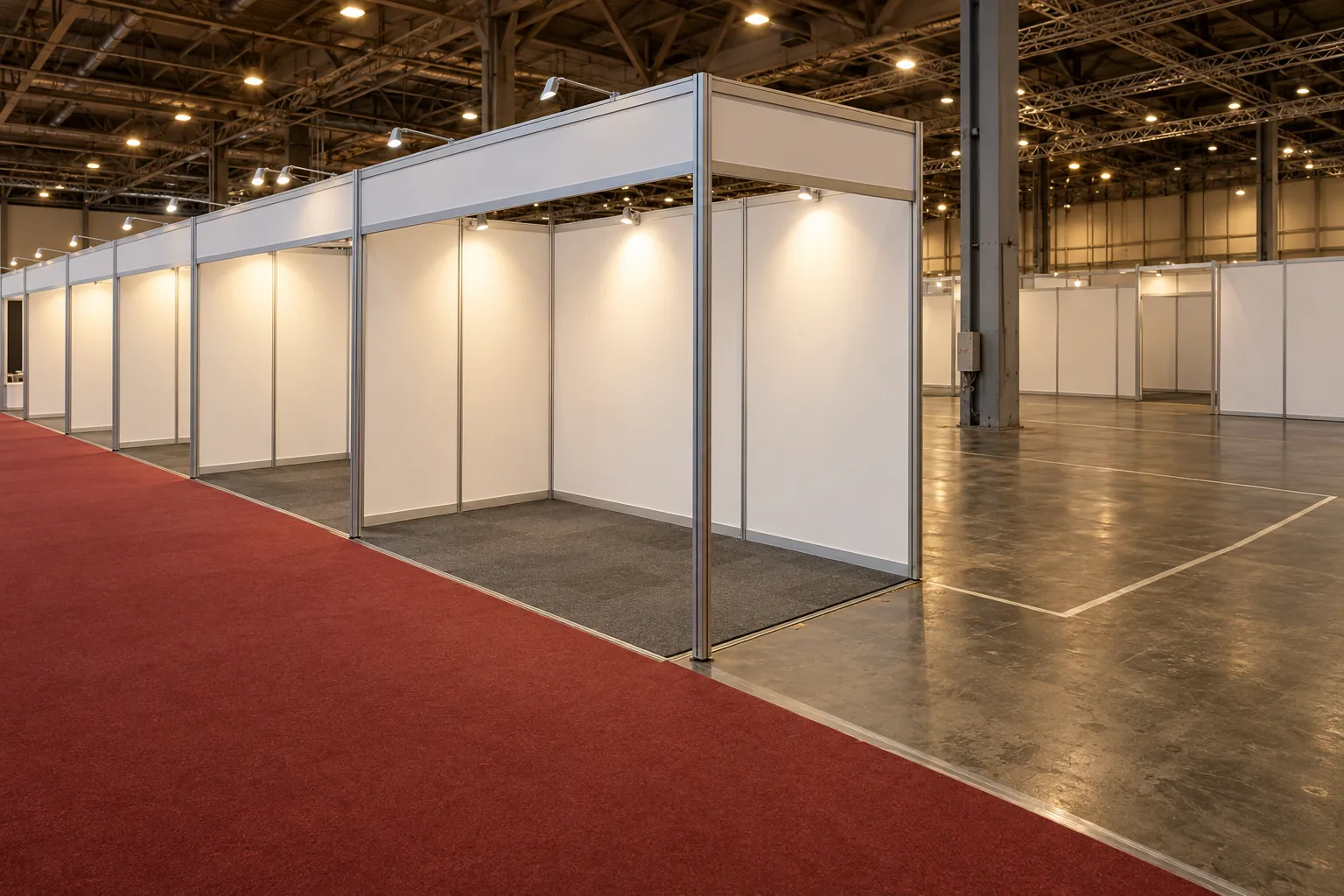 Row of empty shell scheme booths in an exhibition hall before opening