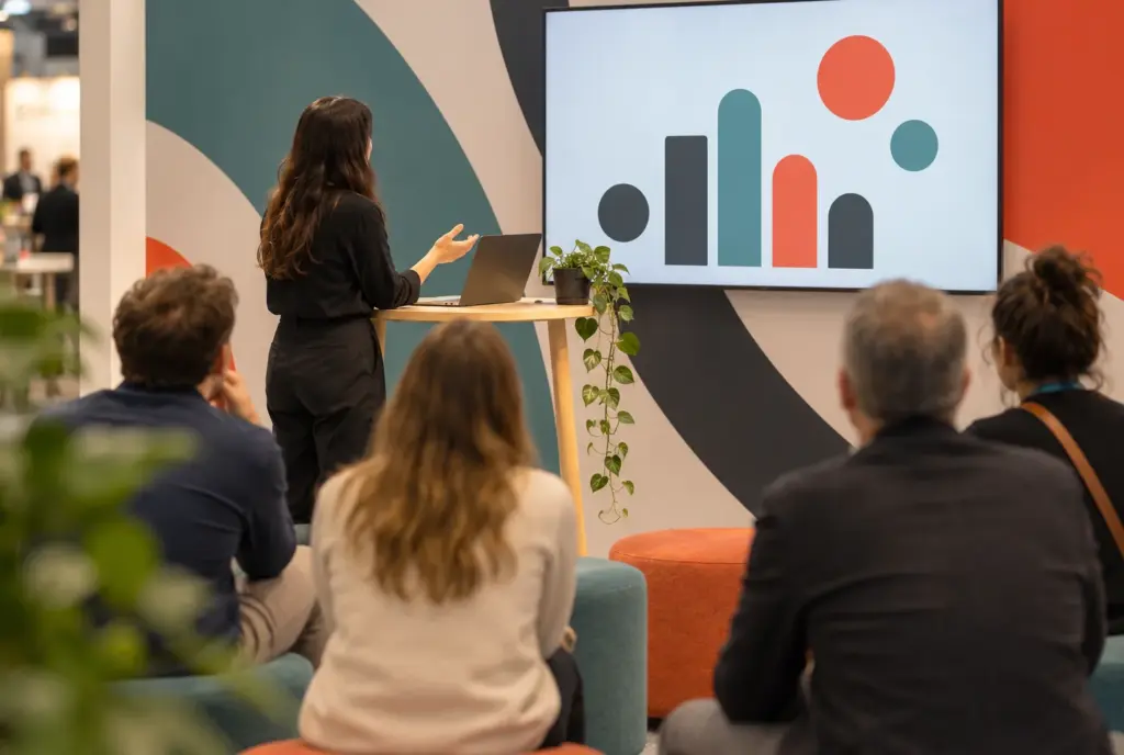A presenter giving a product demonstration to a small seated audience on an exhibition stand with an abstract graphic wall