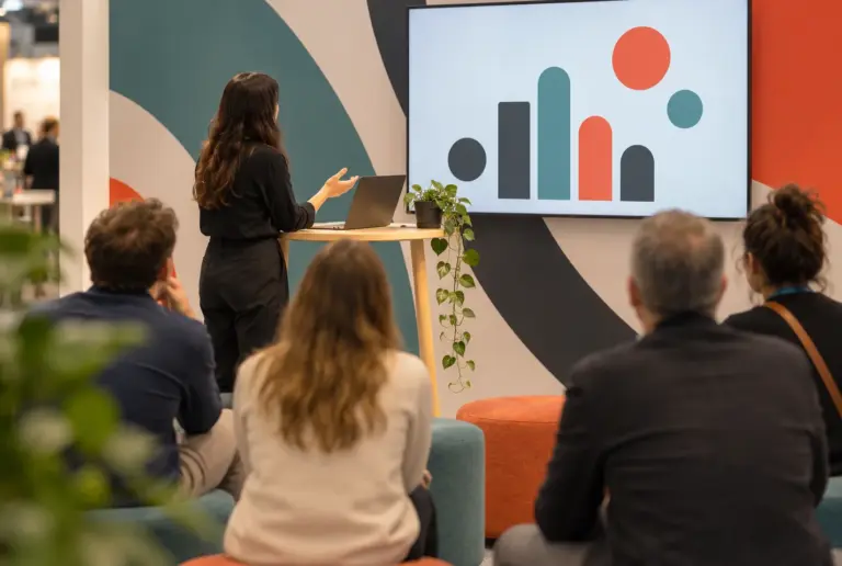 A presenter giving a product demonstration to a small seated audience on an exhibition stand with an abstract graphic wall
