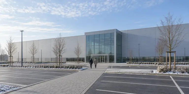 Visitors walking towards the glass entrance of a large exhibition hall on a winter morning